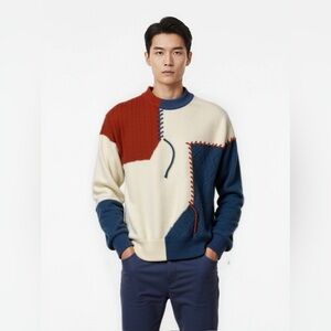 Patchwork Colorblock Sweater Mens Large Cream Blue Rust Crewneck Cable Knit New
